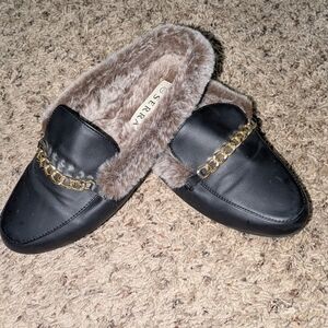 Black Faux Fur Lined Slippers with Gold Chain
